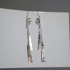Pair of bamboo themed Chinese dangle earrings with polished silver bamboo ornaments and double trapezoidal iridescent shell pendants