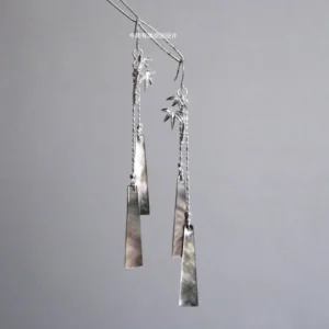 Bamboo forest mother-of-pearl Hanfu drop earrings with silver bamboo leaf hooks fine chains and iridescent trapezoidal shell pendants