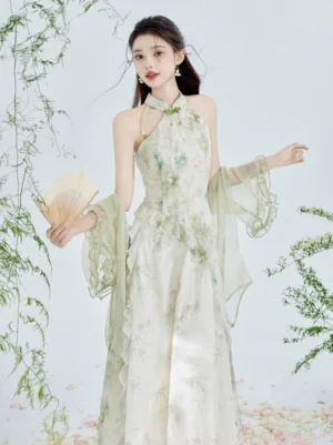 Front full-body view of ivory bamboo leaves modern Hanfu halter cheongsam dress with green frog button collar and flowing A-line skirt