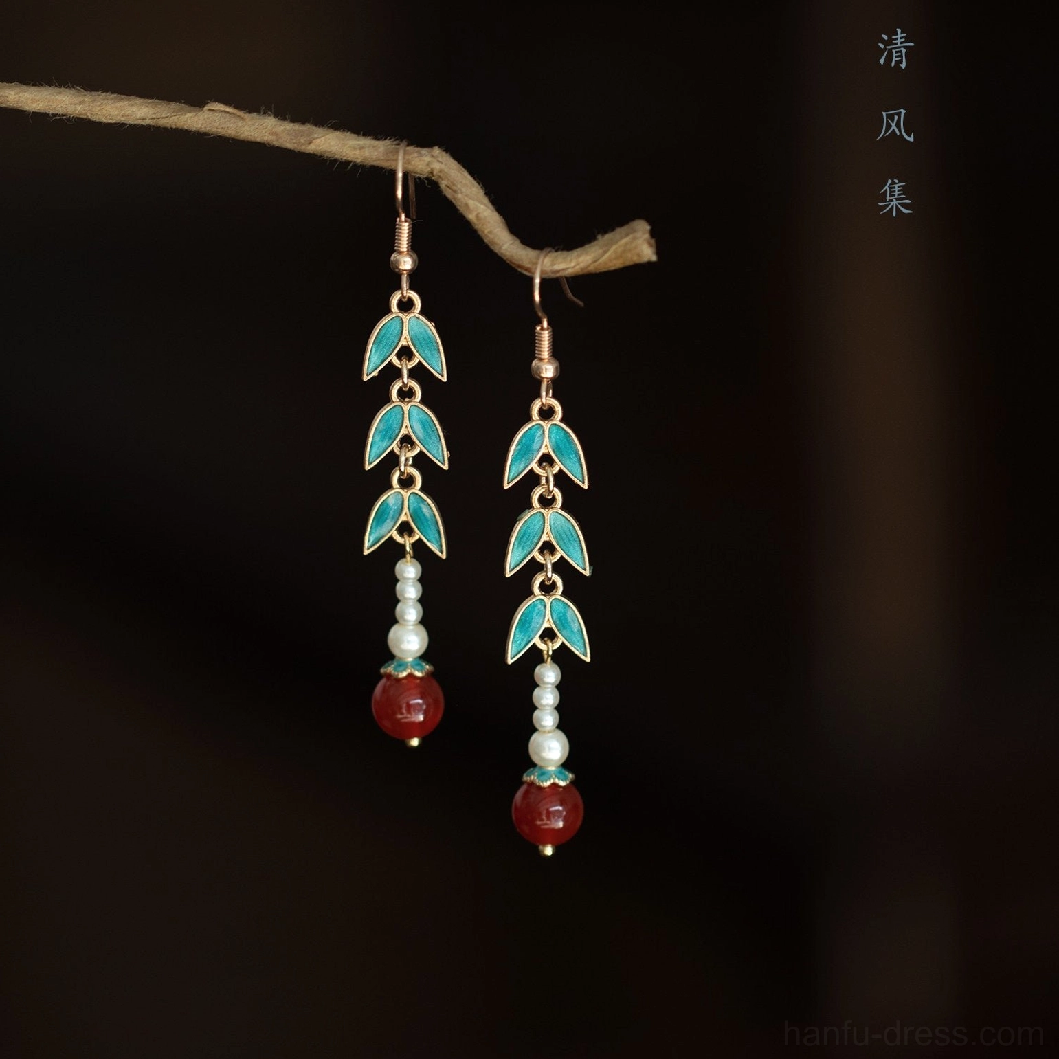 Hook closure bamboo Chinese drop earrings with layered enamel leaves pearl beads and red agate style pendants