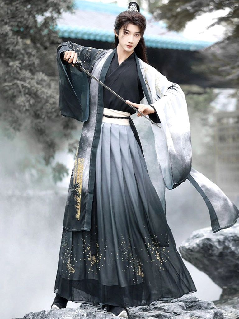 Bamboo Rhyme Chinese fantasy hanfu for men in side three-quarter view, featuring monochrome gradient robe, bamboo pattern, gold decoration, and short sword