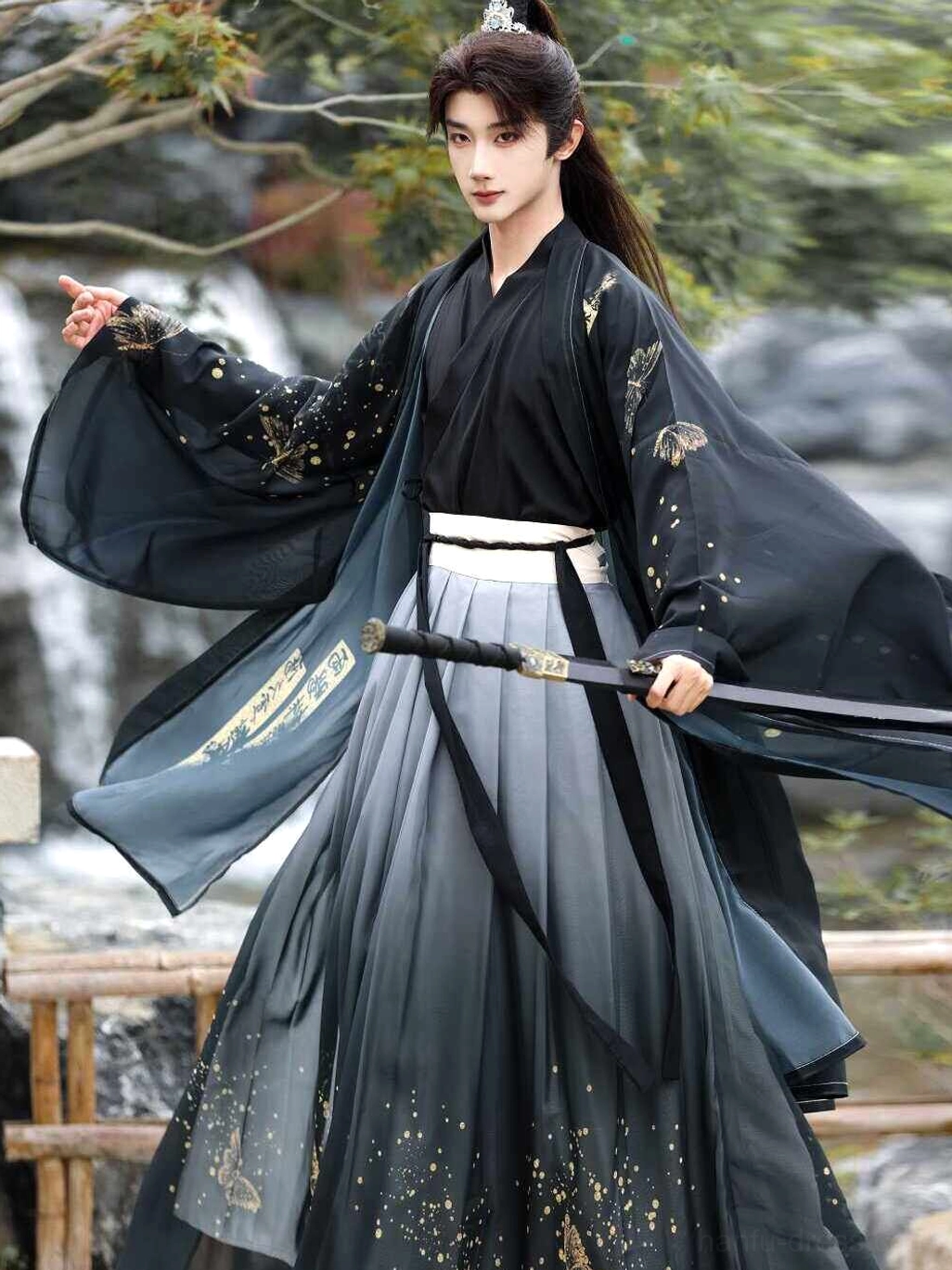 White Bamboo Rhyme Xianxia hanfu set for men with sword, white waist seal, embroidered sleeves, gold-speckled gradient skirt, and flowing robe