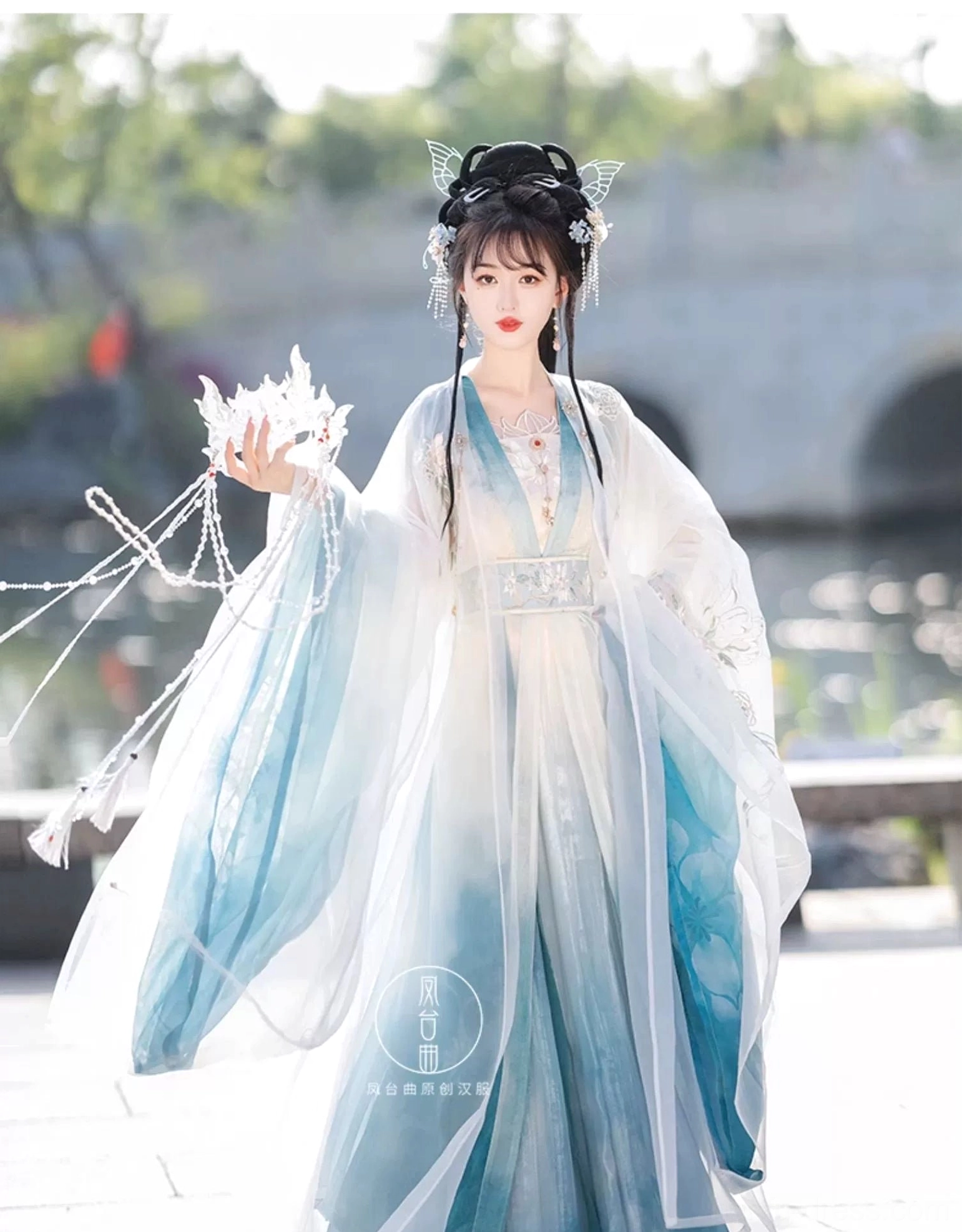 Full front view of Bamboo Shadow Qiyao Ruqun Hanfu with cyan floor-length skirt ivory inner top sheer outer robe and tassel accessory