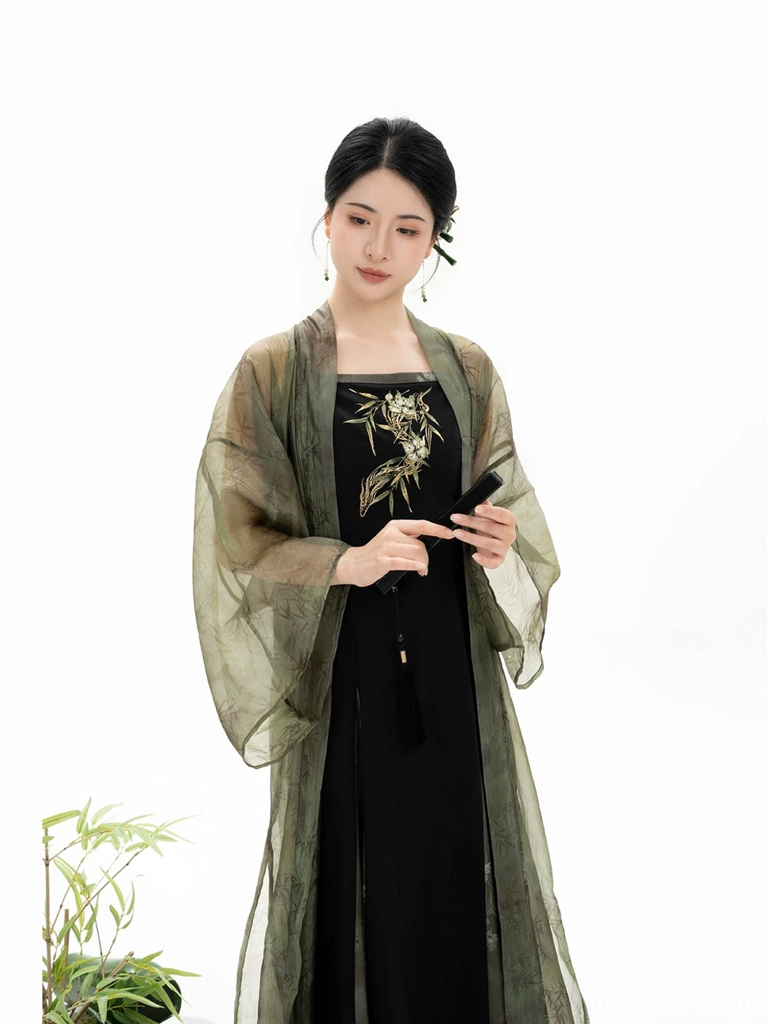 Bamboo Shadow Song Dynasty Hanfu full set front view with olive green sheer beizi and black embroidered slip dress