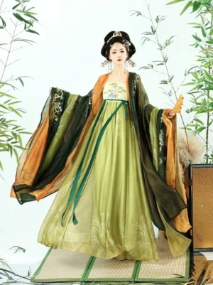 Bamboo Stream Tang Dynasty Hanfu heziqun complete set front view with green wide sleeve coat bamboo hem dress and dark green sash