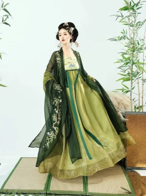 Tang Dynasty style bamboo stream hanfu heziqun three quarter front view showing dark green embroidered wide sleeves and layered skirt