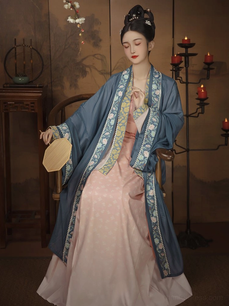 Blue Begonia Fall Song Dynasty Hanfu Qiyao Ruqun set with indigo beizi pink skirt and round fan