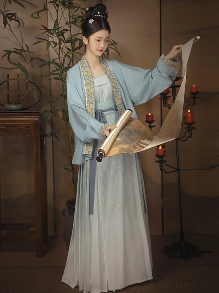 Blue Song Dynasty style Qiyao Ruqun Hanfu layered outfit with light blue jacket pink sash and embroidered cross-collar top