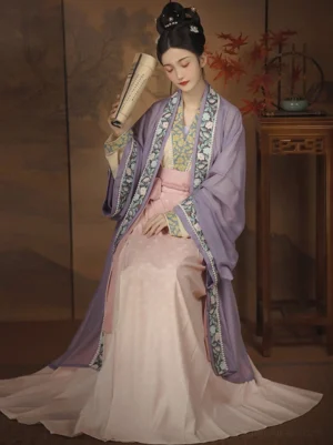 Purple Begonia Fall Song Dynasty Qiyao Ruqun Hanfu complete set with lavender beizi coat and pink patterned skirt