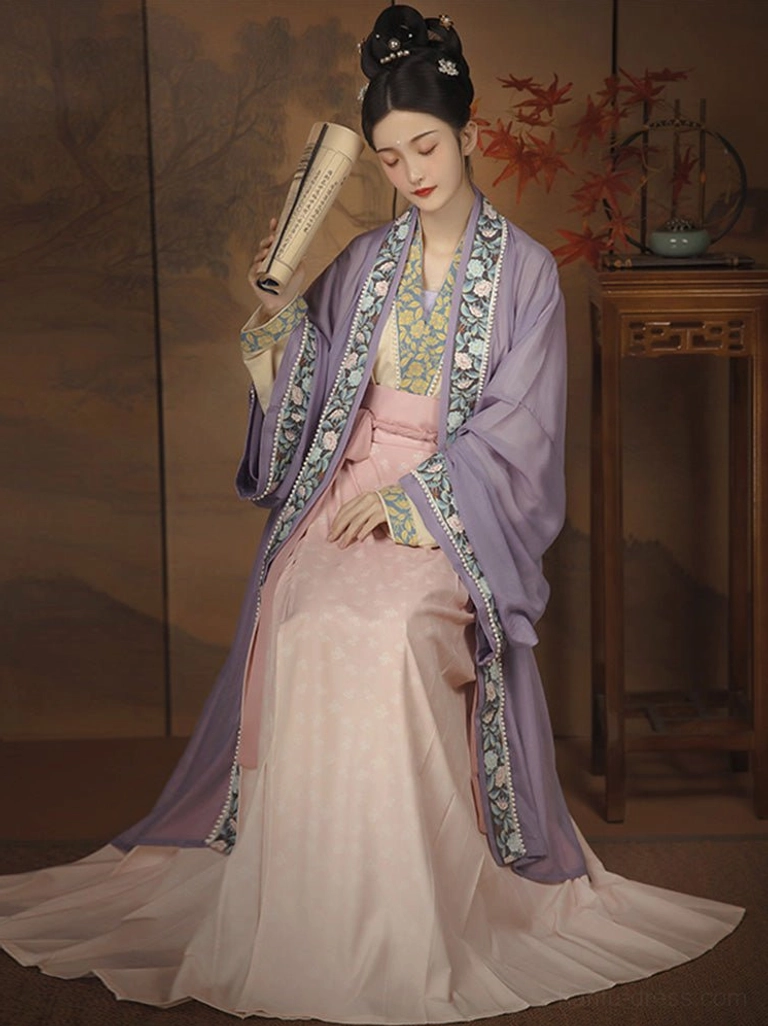Purple Begonia Fall Song Dynasty Qiyao Ruqun Hanfu complete set with lavender beizi coat and pink patterned skirt