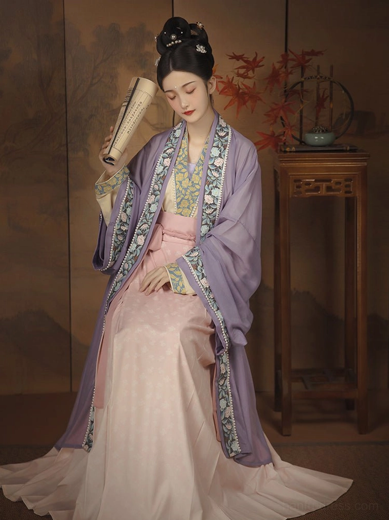 Purple Song Dynasty Qiyao Ruqun Hanfu complete set featuring lavender long beizi and pink patterned skirt