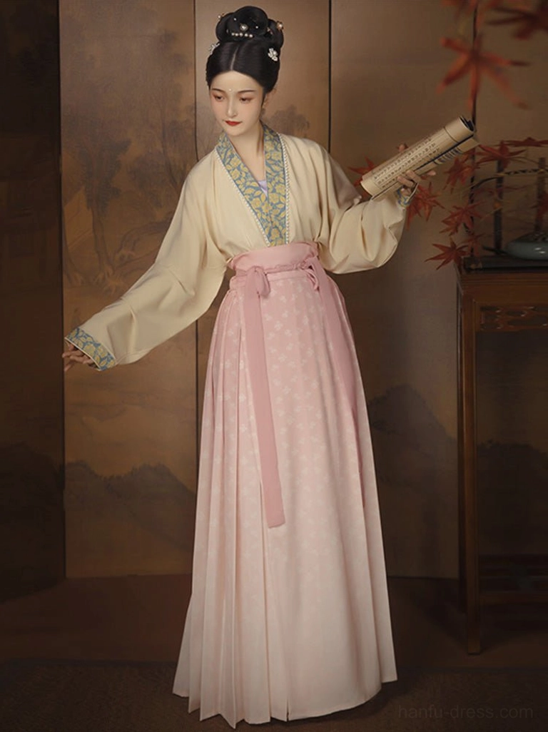 Yellow Song Dynasty Hanfu inner top and pink printed floor-length wrap skirt from Begonia Fall Qiyao Ruqun set