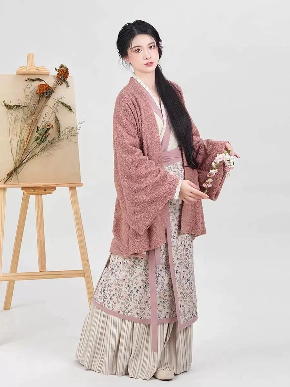 Begonia pink Song Dynasty modern Hanfu set with cross-collar top, textured outer jacket, floral skirt panel, and pleated striped hem