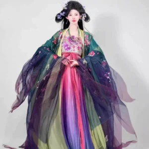 Front view of Begonia Still Blooming Tang Dynasty Heziqun hanfu set with floral embroidery, wide sleeves, and flowing multicolor skirt