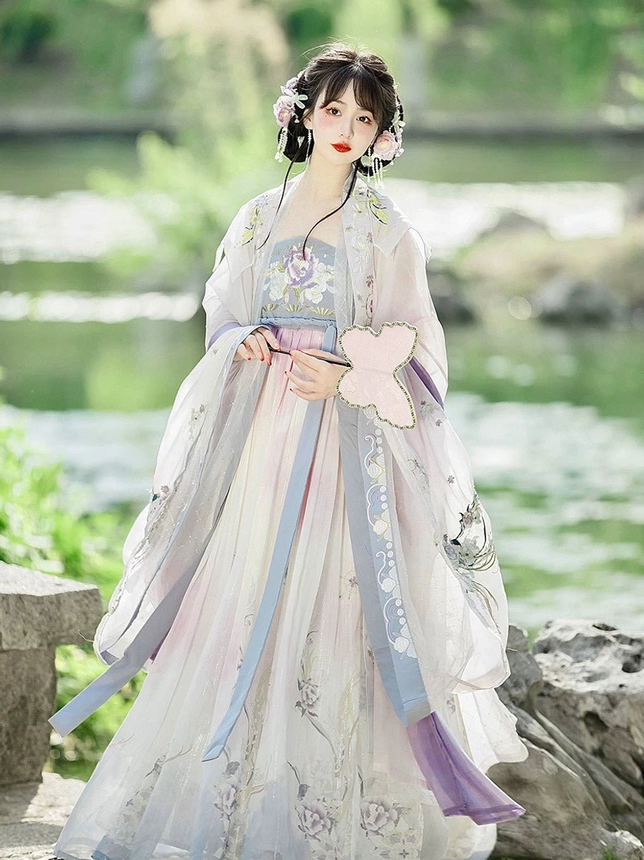 Begonia themed Tang Dynasty Hanfu dress with embroidered floral bird details, wide sleeves and butterfly fan in garden