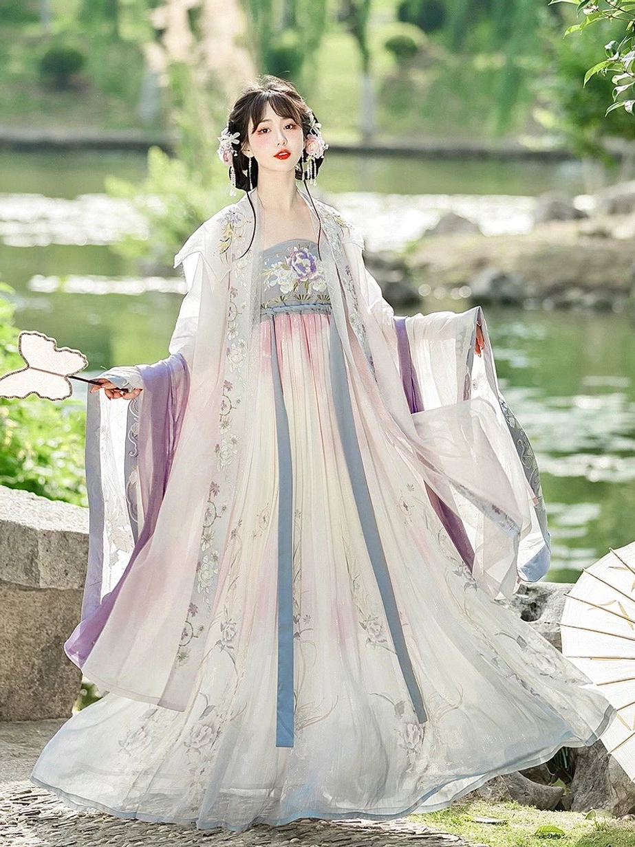 Begonia Tang Dynasty Hanfu Heziqun dress set with pastel gradient skirt and sheer wide sleeve robe in classical lakeside garden