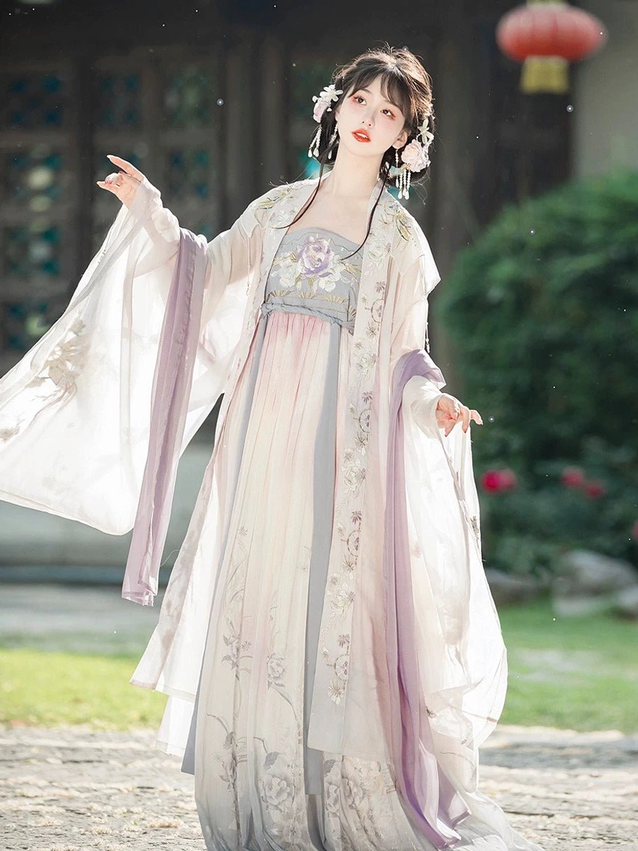 Flowing Tang style Hanfu Heziqun dress set with ivory sheer robe purple blue trims and floor length gradient skirt