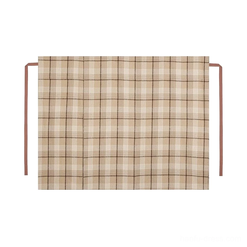 Flat lay of a beige and brown plaid mamianqun wrap skirt with high waist midi length and matching side waist tie straps