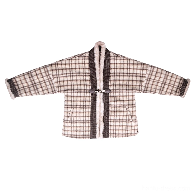 Flat lay of beige brown plaid Song Dynasty hanfu winter jacket with wide drop sleeves and toggle buckles
