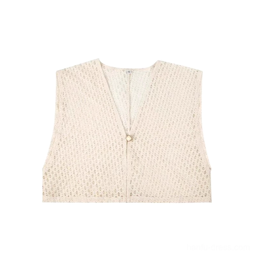 Flat-lay front view of the beige cotton crochet Tang-style beizi overlay with sleeveless cropped cut, V-neck, and single-button closure