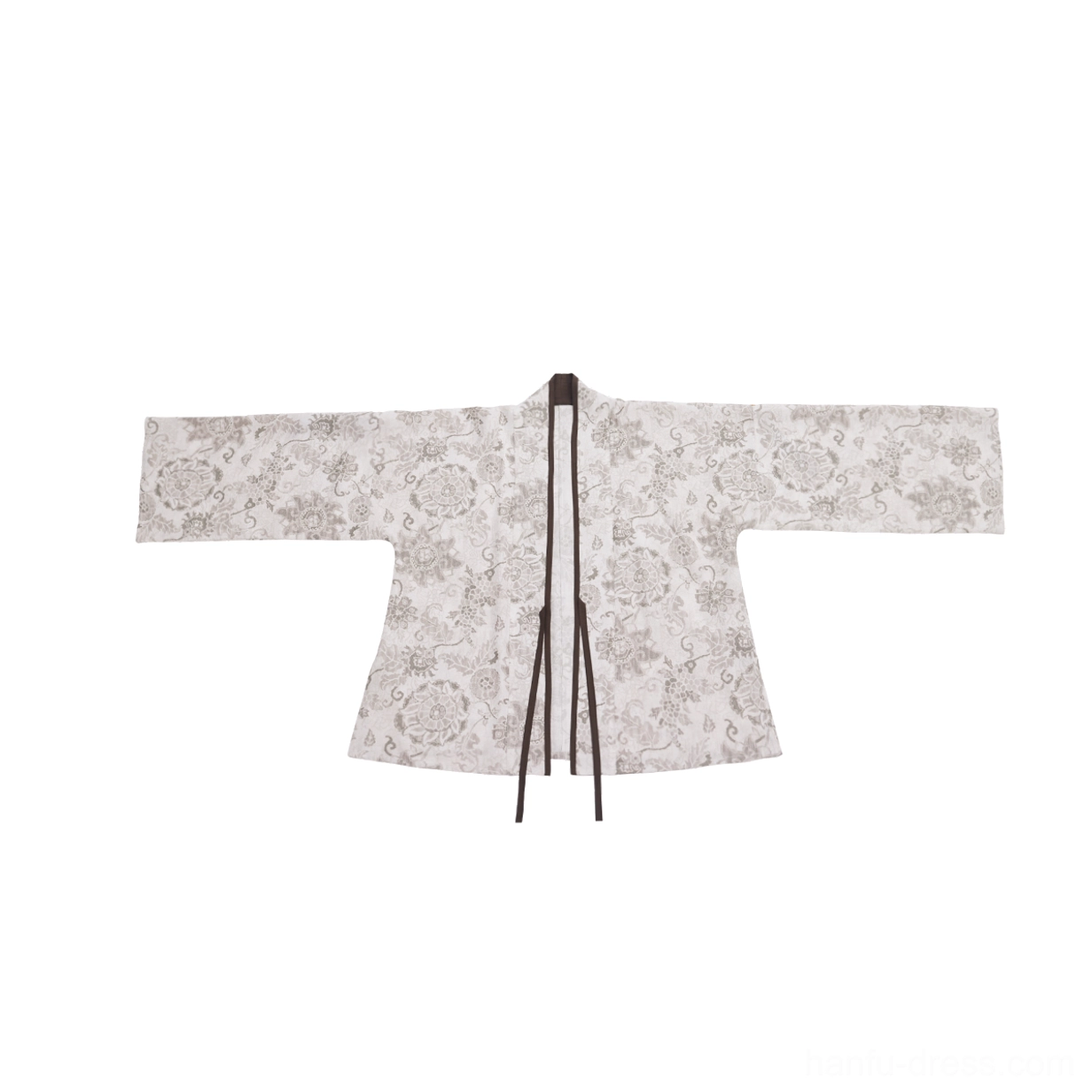 Beige floral printed Song Dynasty Hanfu cardigan with dark brown trim tie-front closure and loose three-quarter sleeves
