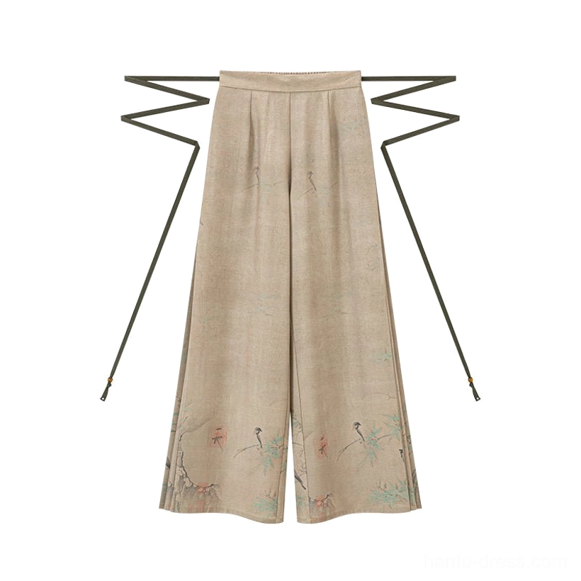 High-waisted beige Hanfu wide-leg pants with adjustable sash and crane botanical landscape print flat lay