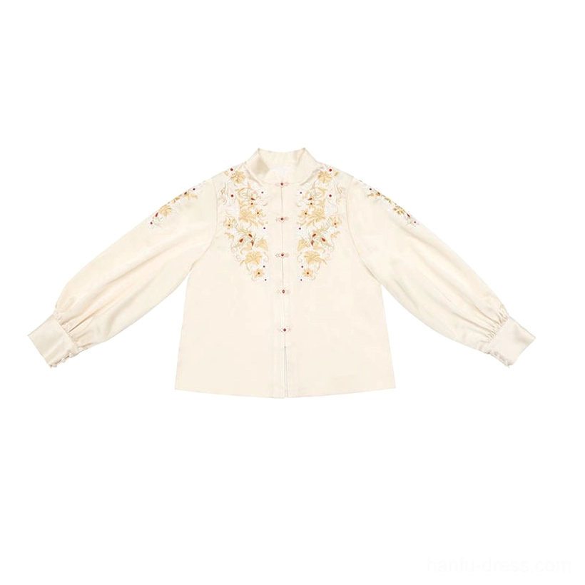 Beige Ming Dynasty Hanfu blouse displayed flat with lantern sleeves golden floral embroidery and front button closure
