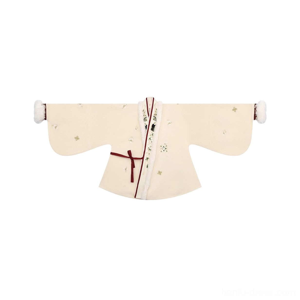 Beige Ming-style Hanfu cross-collar jacket with red contrast placket, tiny white floral prints, and tassel-trimmed sleeve cuffs