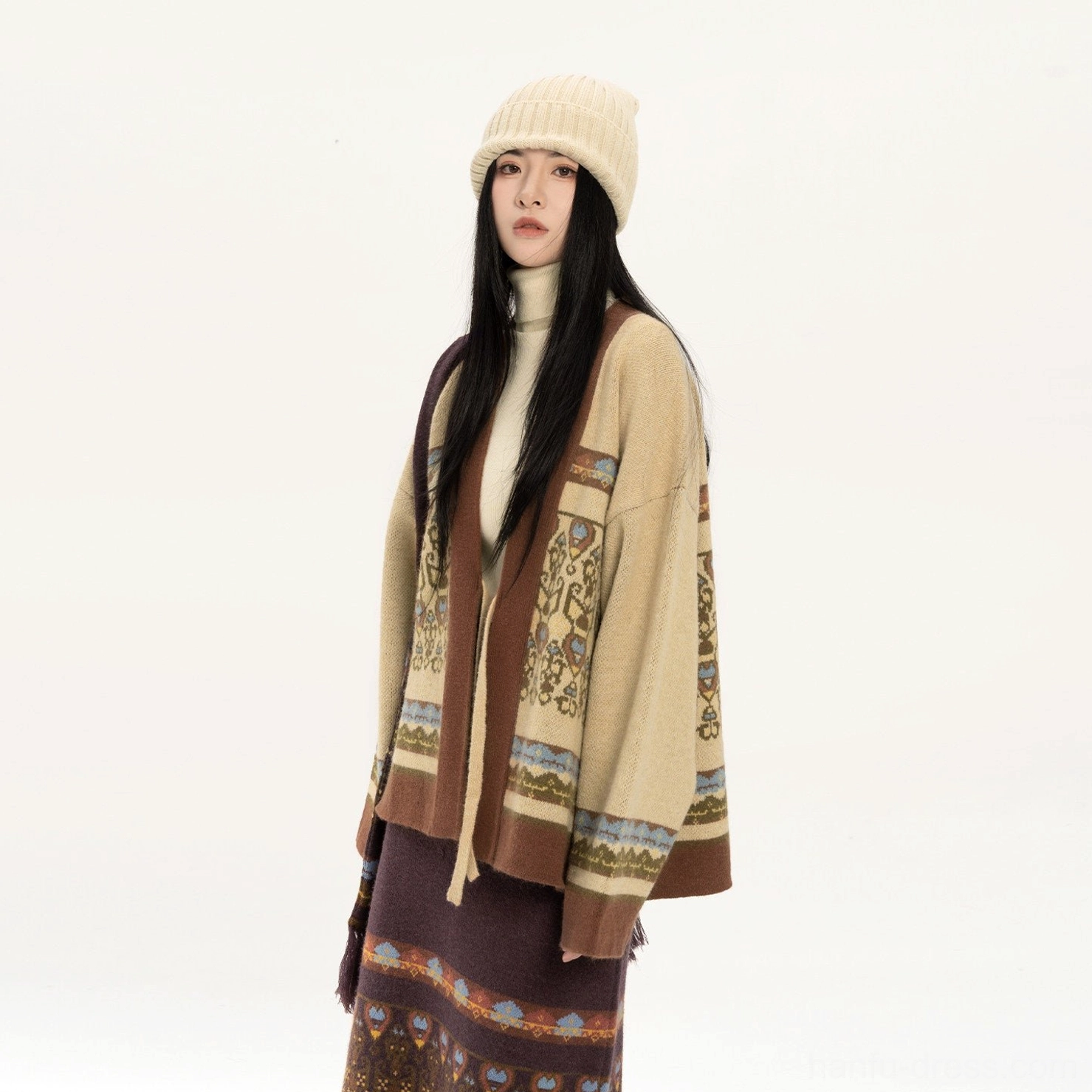 Beige modern Hanfu knitted cardigan and matching jacquard midi skirt in a coordinated vintage-inspired outfit