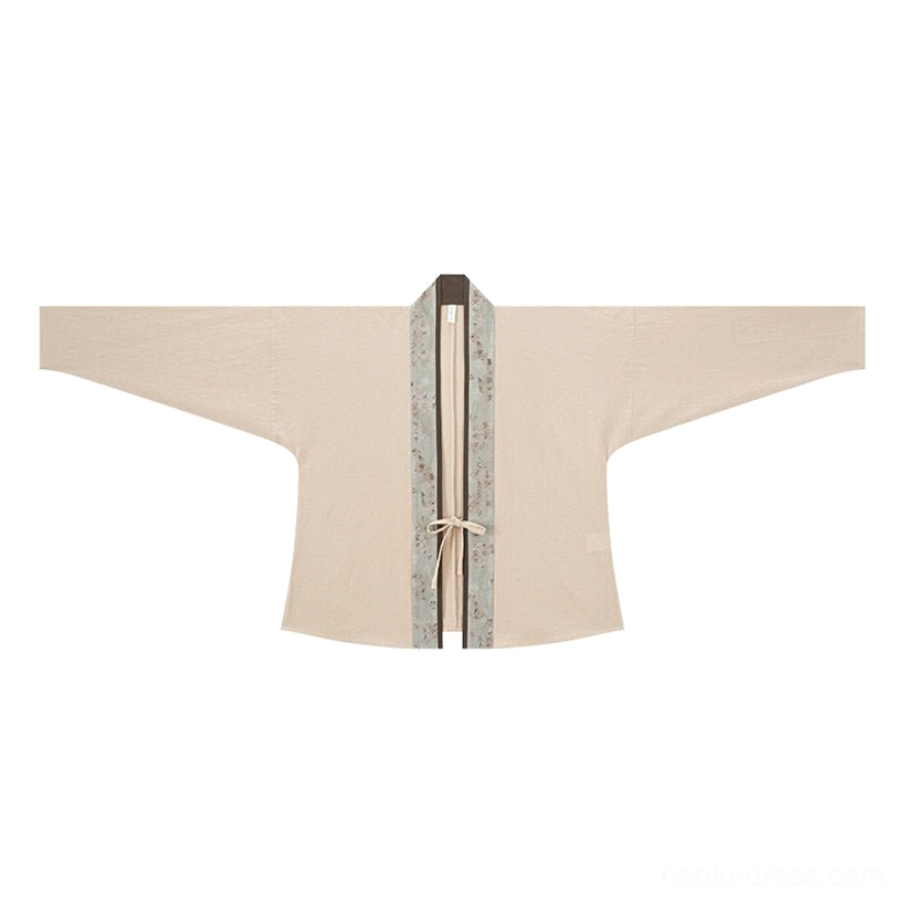 Beige modern Hanfu winged sleeve inner top with cross-collar tie closure and blue patterned trim flat lay