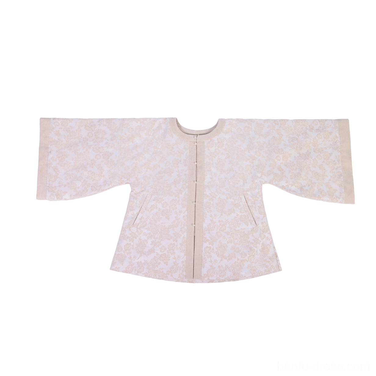 Flat lay of beige modern Ming Dynasty Hanfu round collar jacket with central buttons wide sleeves and textured jacquard fabric