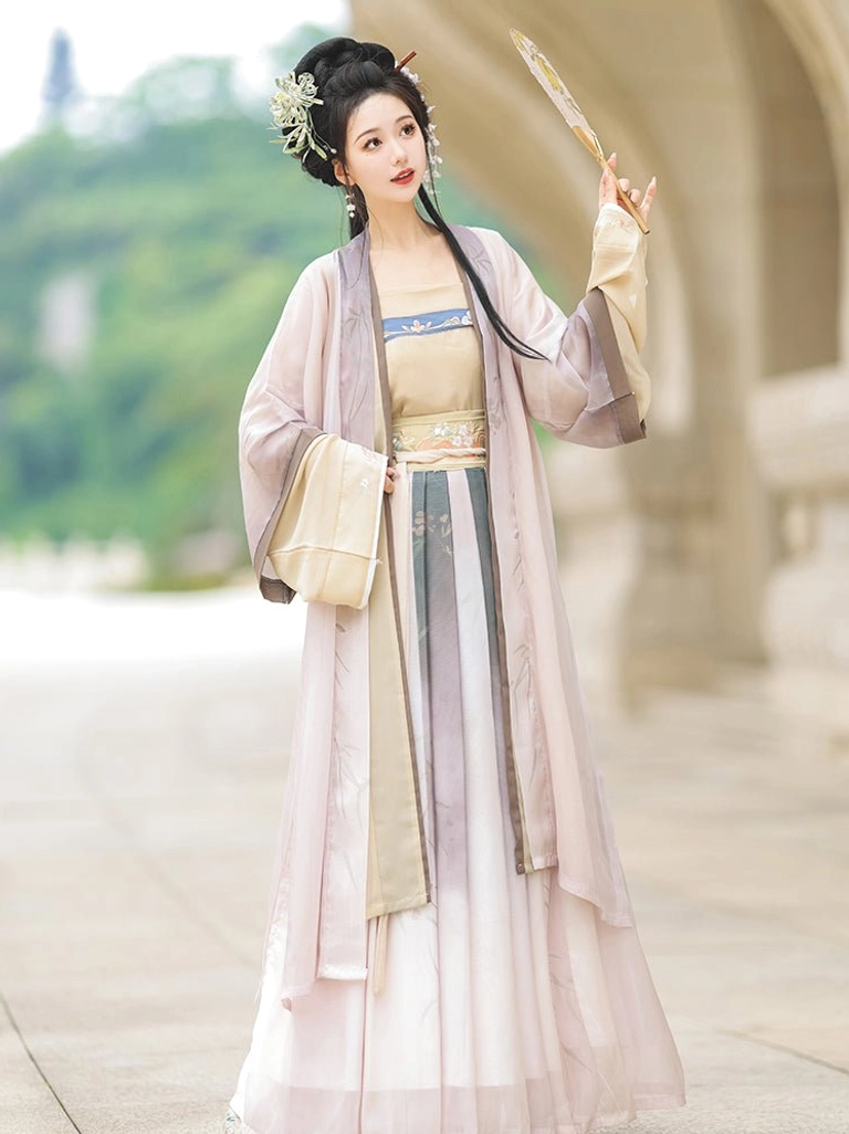 Front view of beige and pale purple Song Dynasty Qiyao Ruqun Hanfu with long gradient pleated skirt, light pink beizi outer robe, decorative inner top, and silk fan
