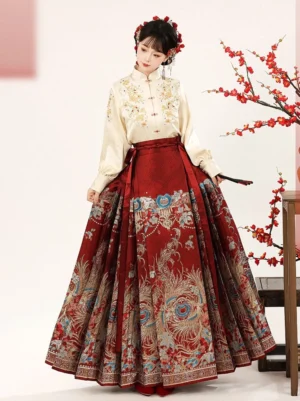 Beige and red Ming Dynasty Hanfu Chinese New Year dress with lantern sleeve blouse and patterned mamian skirt front view