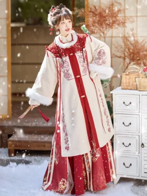 Beige and red Ming style Chinese New Year Hanfu dress set with fur trimmed robe, tassel ornaments and mamian skirt
