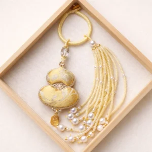 Beige Song brocade gourd Chinese keychain bag charm with gold-tone trim, pearl bead tassel, braided cord and blessing tag in wooden tray