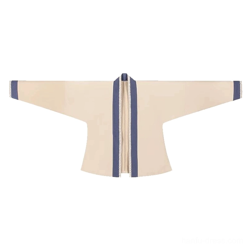 Beige Song Dynasty Hanfu winged sleeve top with blue binding, wide traditional sleeves, cross collar, and smooth fabric
