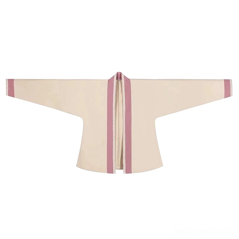 Beige Song Dynasty Hanfu winged sleeve top with begonia pink binding, wide sleeves, cross collar, and pink cuff trim