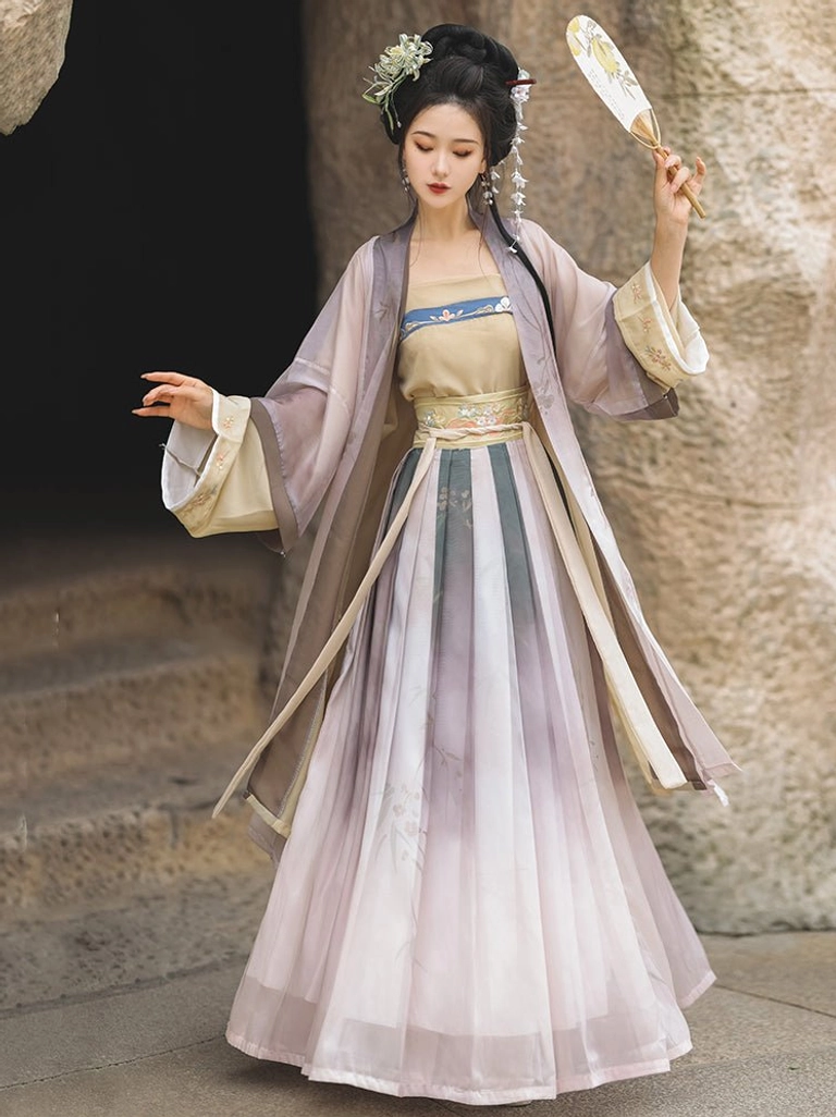 Front view of beige and pale purple Song Dynasty Qiyao Ruqun Hanfu with golden embroidered waistband, beige inner top, blue trim, and traditional silk fan