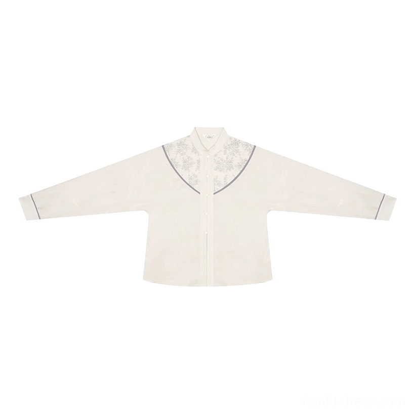 Beige stand-collar modern Hanfu long sleeve blouse with embroidered-style yoke and contrast sleeve trim