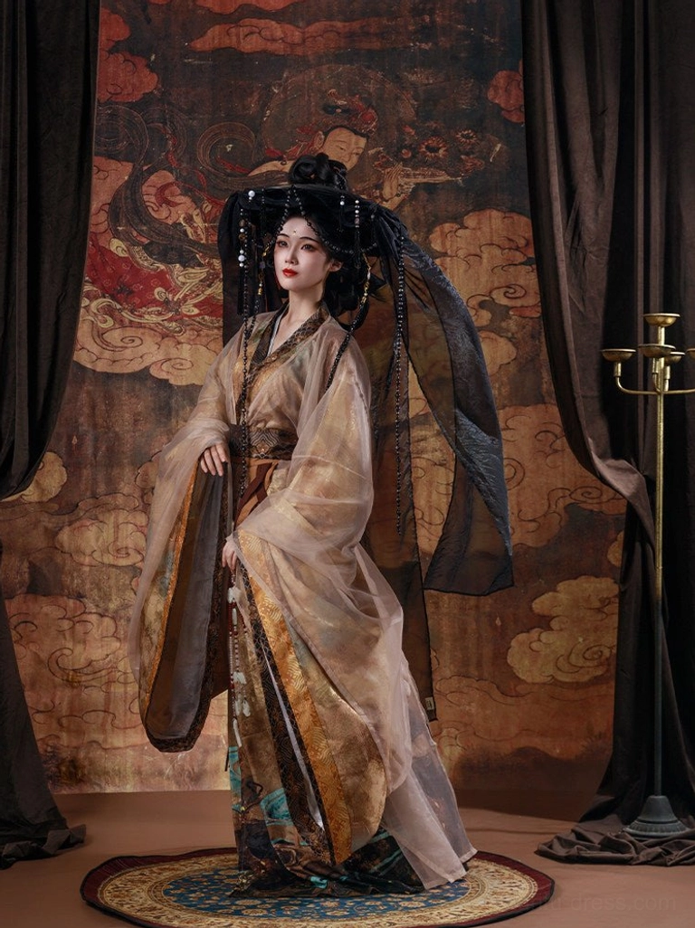 Beige Wei Jin Dynasty cross-collar Qiyao Ruqun Hanfu with sheer flowing outer robe, golden edging and layered brown traditional Chinese garments