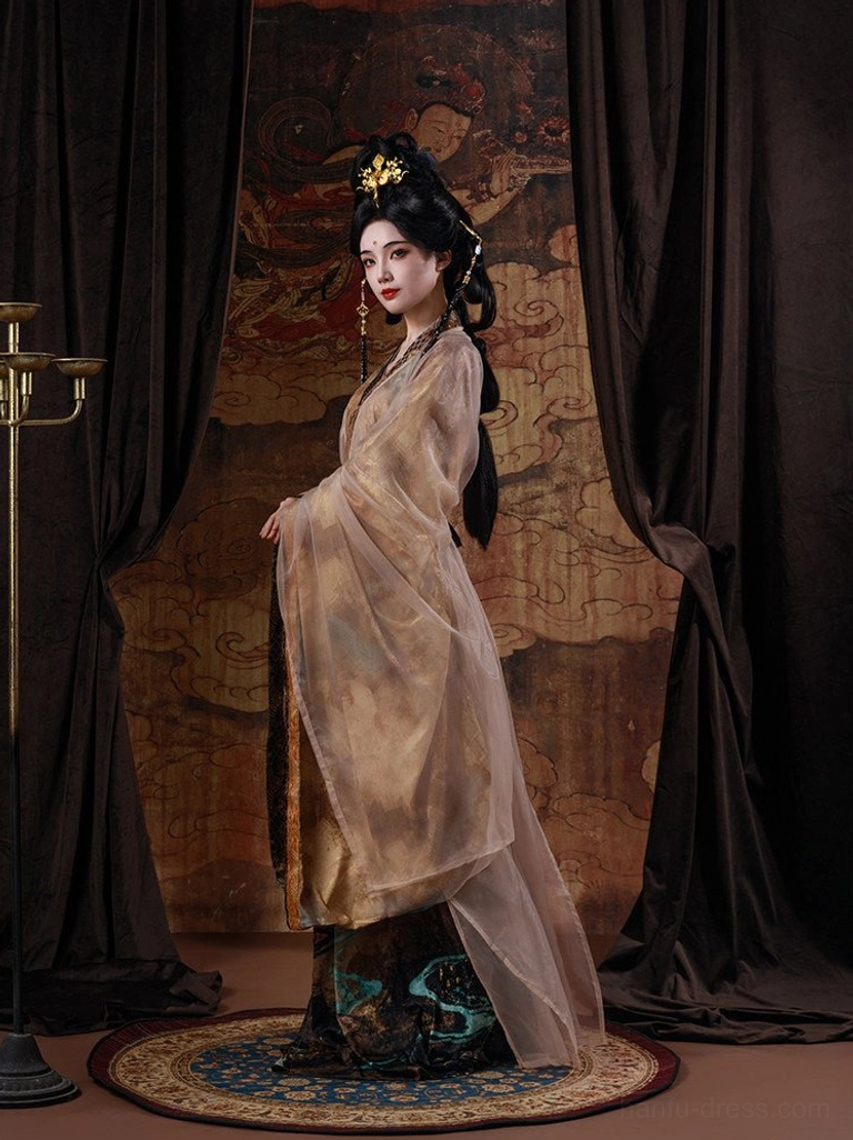 Elegant beige Wei Jin Dynasty Hanfu side view showing a flowing sheer cross-collar robe and dark patterned lower skirt