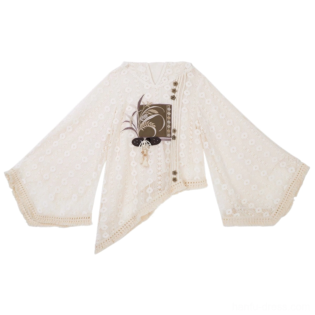 Flat lay of a beige floral lace Hanfu hooded top with wheat ear printed front patch, decorative buttons, and asymmetrical hem