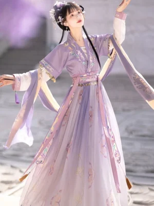 Lavender Tang Dynasty style hanfu qiyao ruqun with floral details flowing waist ribbons and tassel ornaments side view