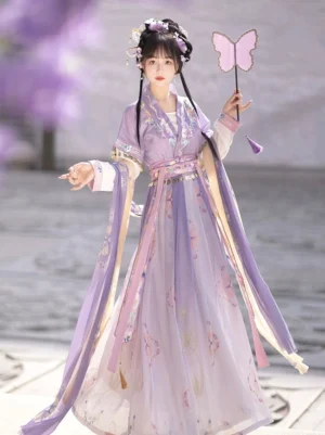 Purple Belling Flower Tang Dynasty Hanfu beizi qiyao ruqun set front full body view in a blooming wisteria garden