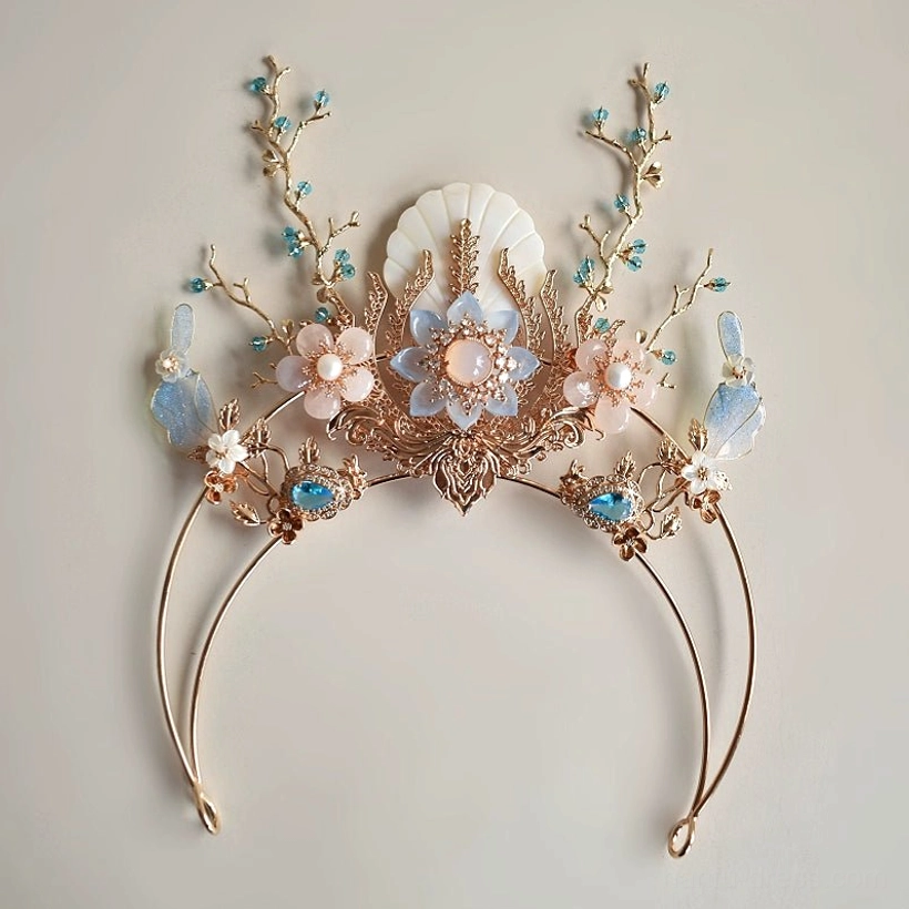 Blue ocean inspired Hanfu crown ornament with gold-tone branches, blue glass stones, pearl accents, and shell-flower decorations