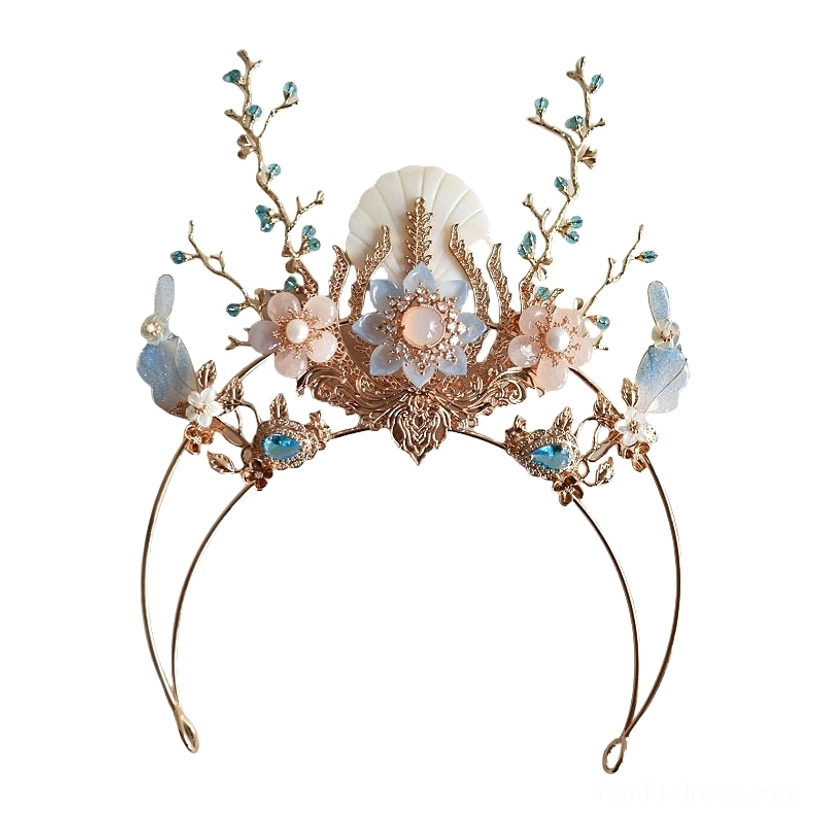 Bihai Ballad gold-tone Hanfu hair crown flat lay with blue rhinestones, artificial pearls, shell flowers, and branching metal design