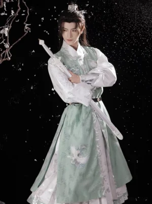 Front view of Bixiao Ming Dynasty wuxia hanfu for men in mint green and ivory white with silver crane pattern and black waist belt