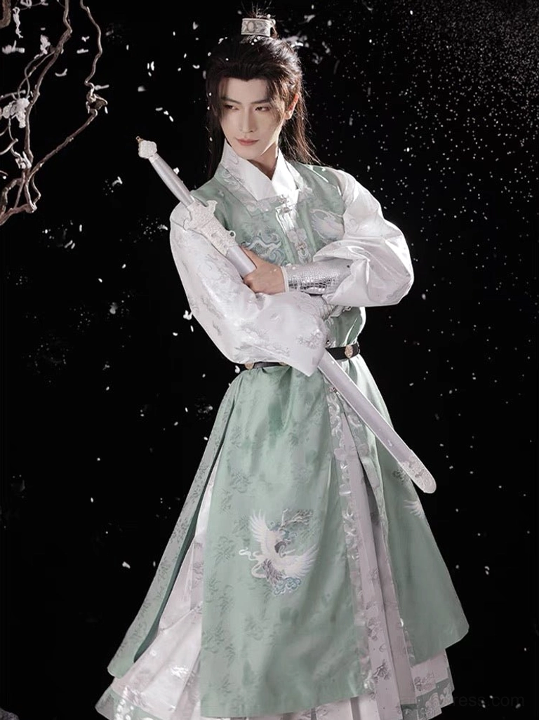 Front view of Bixiao Ming Dynasty wuxia hanfu for men in mint green and ivory white with silver crane pattern and black waist belt