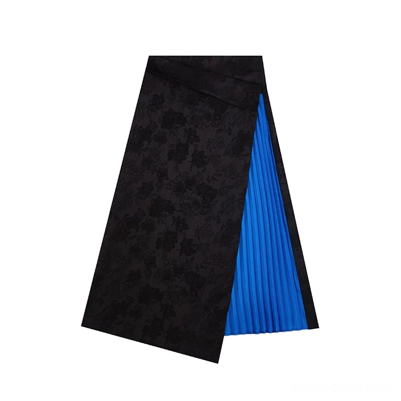 Flat lay of single black asymmetrical A-line Hanfu midi skirt with bright blue pleated side insert and uneven hemline