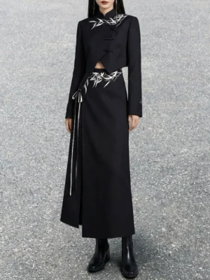 Black bamboo modern Hanfu cropped stand-collar jacket and high-slit maxi skirt set front full body view